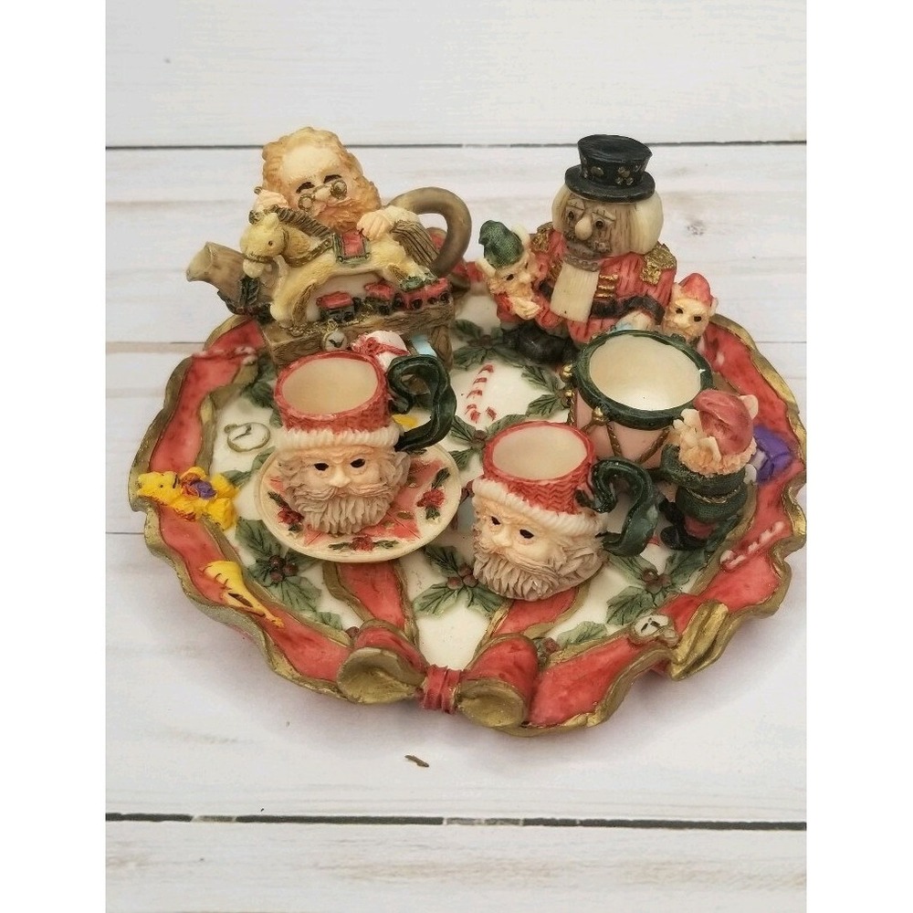 Vintage Santa Christmas Mini Tea Set Resin Elves Nutcracker Red Green